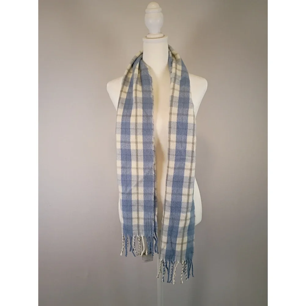Cottagecore James Pringle Weavers Unisex OS Blue Plaid Fringe Scarf 2005408
